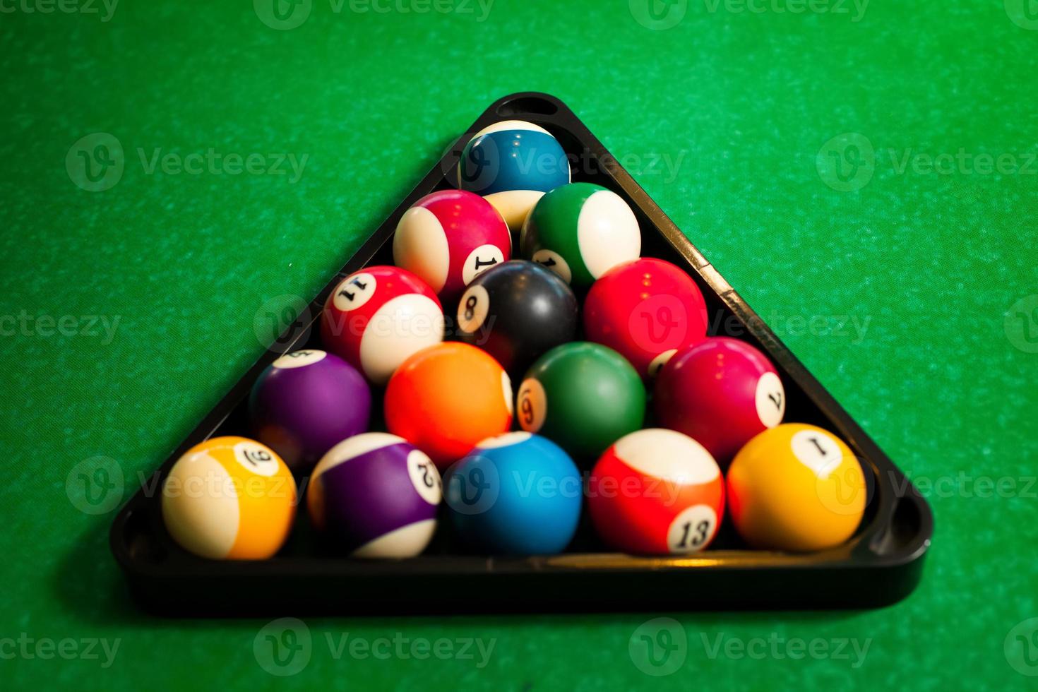 Pyramid of pool billiard balls on the table photo