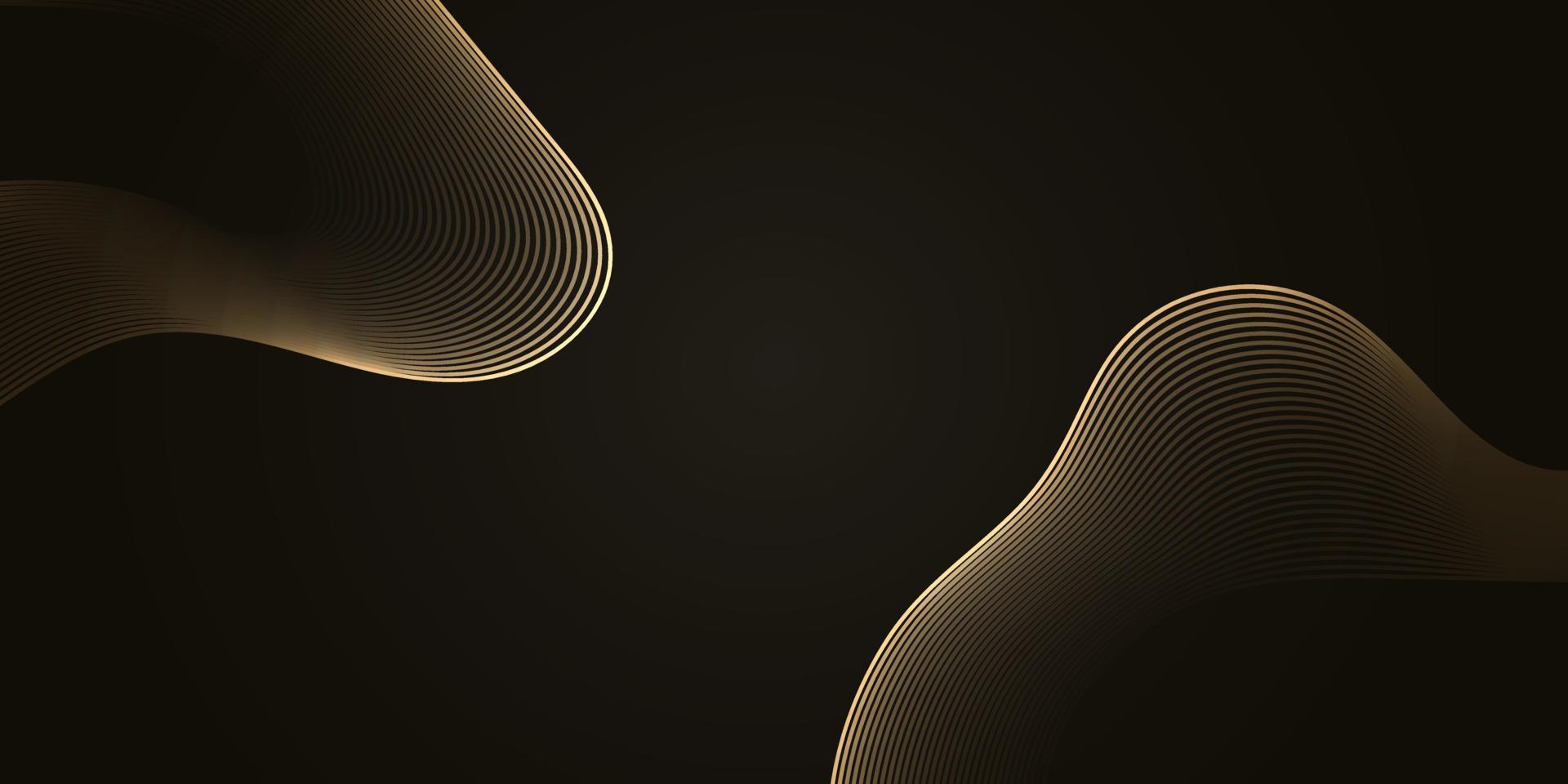 plantilla de banner abstracto de lujo con ondas mezcladas de oro sobre fondo negro con espacio de copia para texto. rayas de luz dinámicas brillantes. diseño de líneas retorcidas futuristas en fondo oscuro. sitio web de fondo de pantalla vector