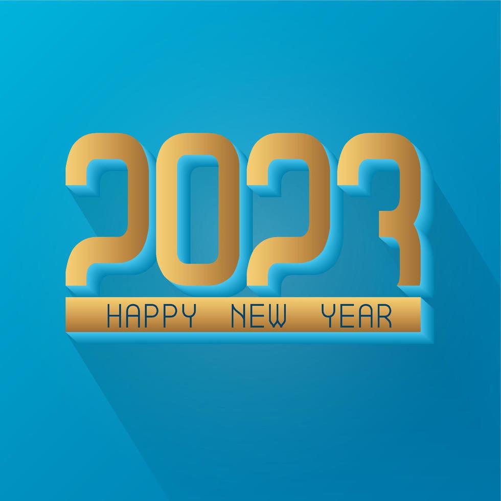 Texto dorado en 3d feliz año nuevo 2023 sobre fondo azul. tarjeta postal cuadrada en estilo minimalista. Diseño festivo en 3d para decoración navideña navideña, redes sociales, banner de venta. plantilla de ilustración vectorial. vector