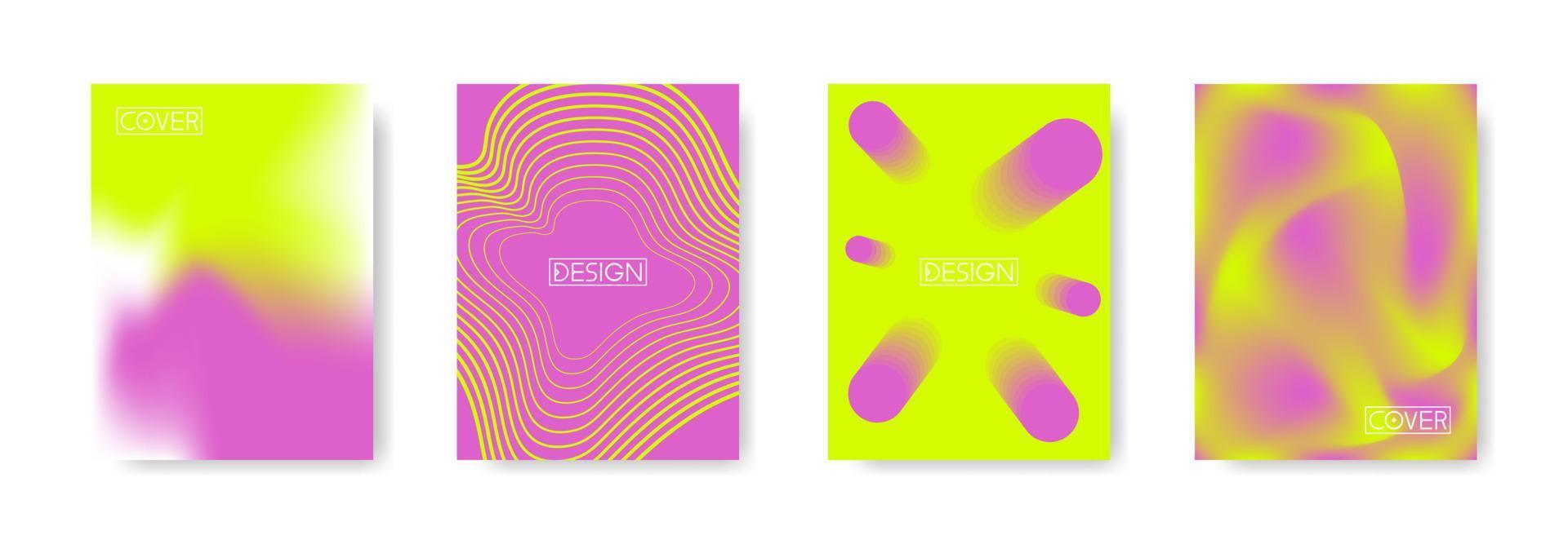 Set of abstract minimal covers design on bright violet and acid colors. Future geometric patterns. Colorful illustration on vertical A4 format. Mesh gradient, dynamic lines and 3d shapes vector