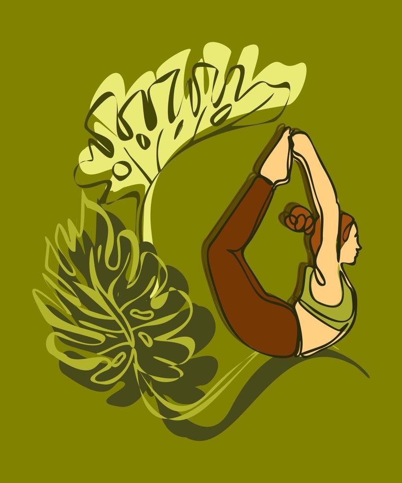 vector del día internacional del yoga. práctica de meditación yoga colorido concepto de fitness. una chica en una pose de arco, medita sobre hojas gigantes de monstera