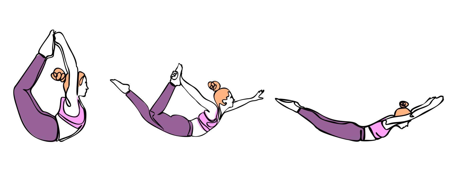 colección de iconos de poses de yoga aislado sobre fondo blanco. siluetas de mujer haciendo ejercicios de yoga y fitness. iconos vectoriales de chica flexible estirando y relajando su cuerpo en diferentes poses. vector