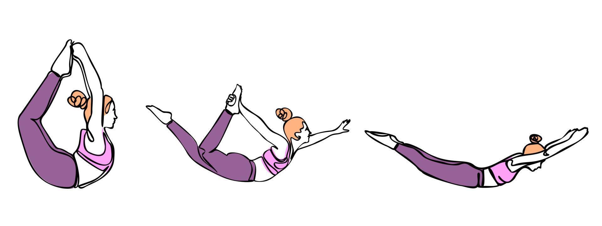 Collection of yoga poses Icons Isolated on White Background. Silhouettes of woman doing yoga and fitness exercises. Vector icons of flexible girl stretching and relaxing her body in different  poses.