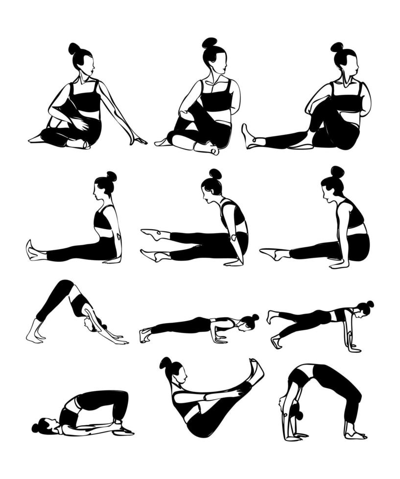 Big set of yoga poses vector Black Icons Isolated on White Background. Silhouettes of woman doing yoga and fitness exercises. Vector icons of flexible girl stretching her body in different poses.