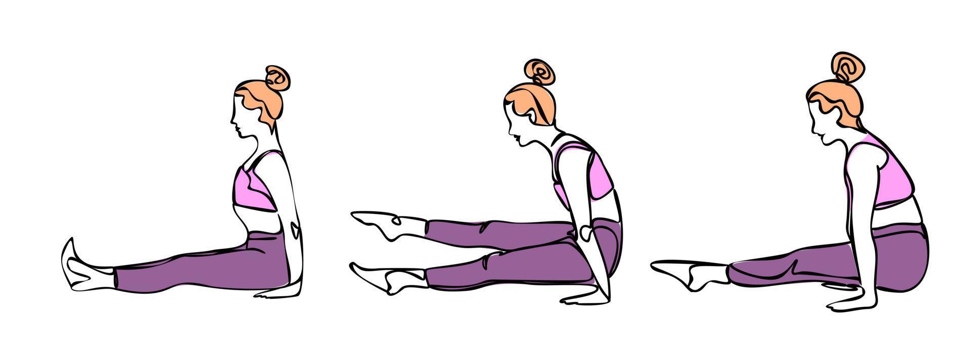 colección de iconos de poses de yoga aislado sobre fondo blanco. siluetas de mujer haciendo ejercicios de yoga y fitness. iconos vectoriales de chica flexible estirando y relajando su cuerpo en diferentes poses. vector