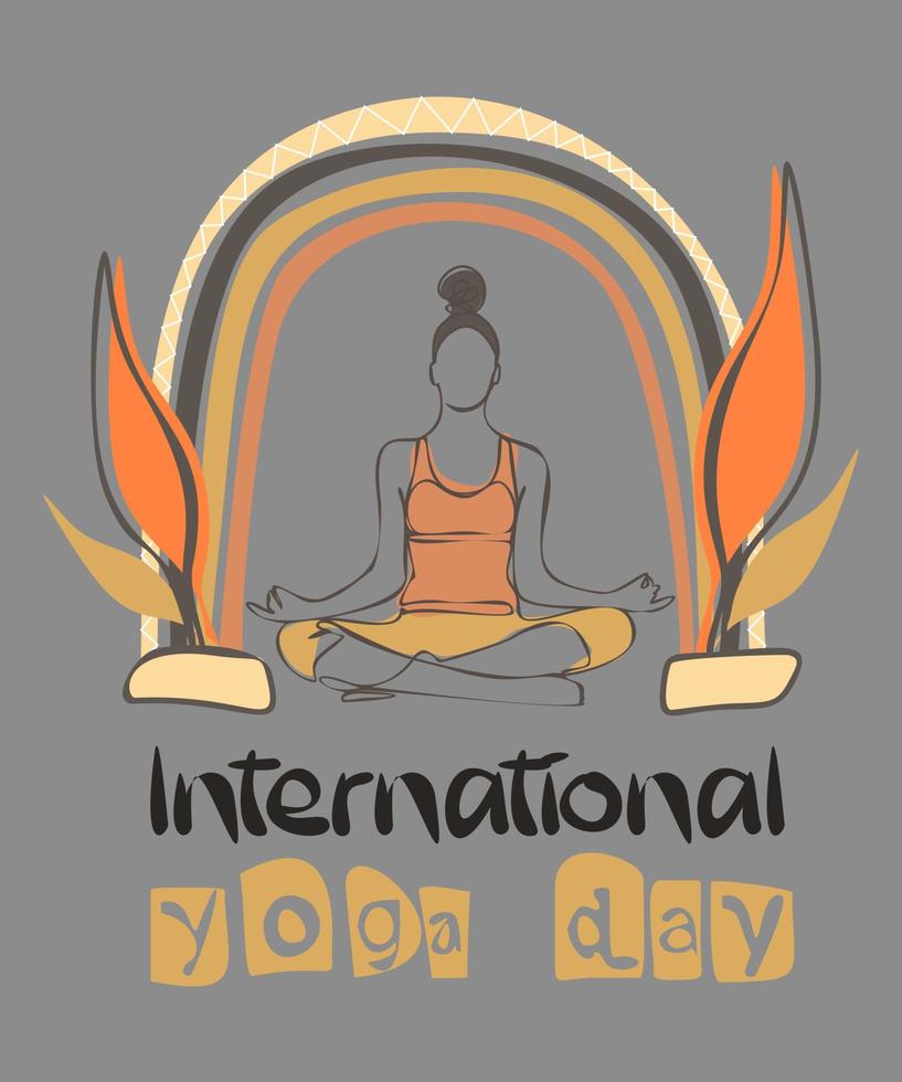 vector del día internacional del yoga. práctica de meditación yoga colorido concepto de fitness. una niña se sienta en una posición de loto, medita bajo el arco iris. diseño estilo boho