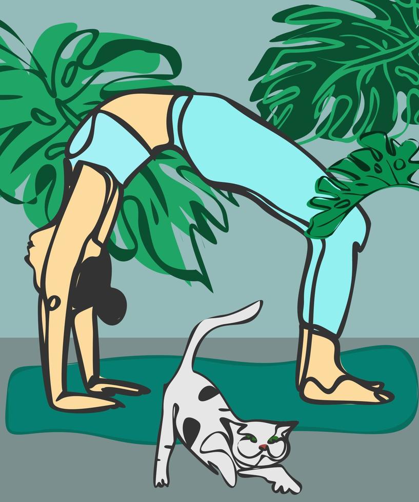 vector del día internacional del yoga. práctica de meditación yoga colorido concepto de fitness. una niña se sienta en una pose de puente, medita con un gato en una habitación con plantas en una alfombra de yoga