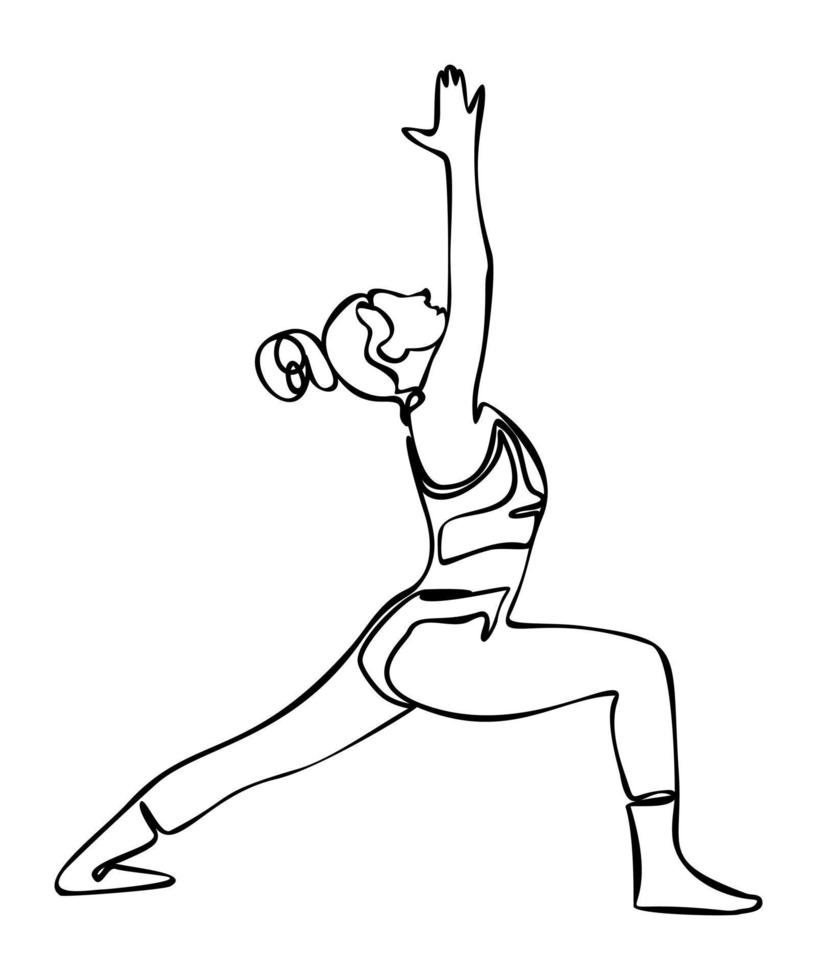 Continuous line drawing. Woman doing exercise in yoga pose. warrior pose. Vector isolated Illustration on white background. international yoga day concept. Yoga logo