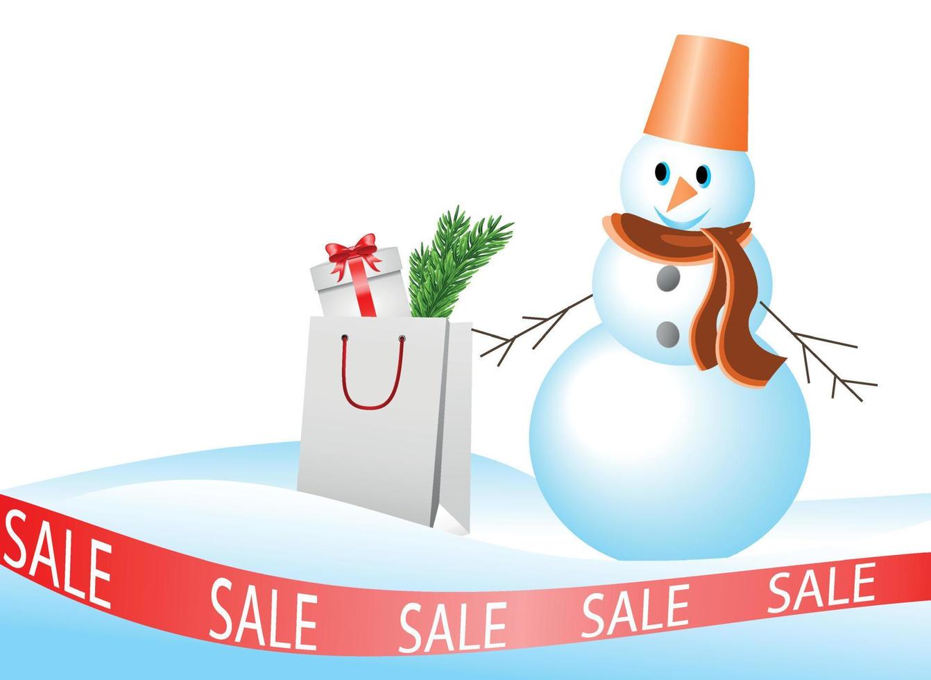 Snowman in a snowdrift, shopping bag, concept of Christmas and New Year sale, shopping trip. Buying holiday gifts. special offer. Sale for new year and christmas. illustration for advertising, signs vector