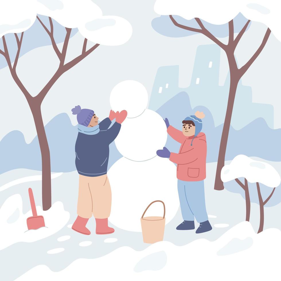 dos niños haciendo un muñeco de nieve. niños jugando afuera en invierno. actividad de invierno. vector