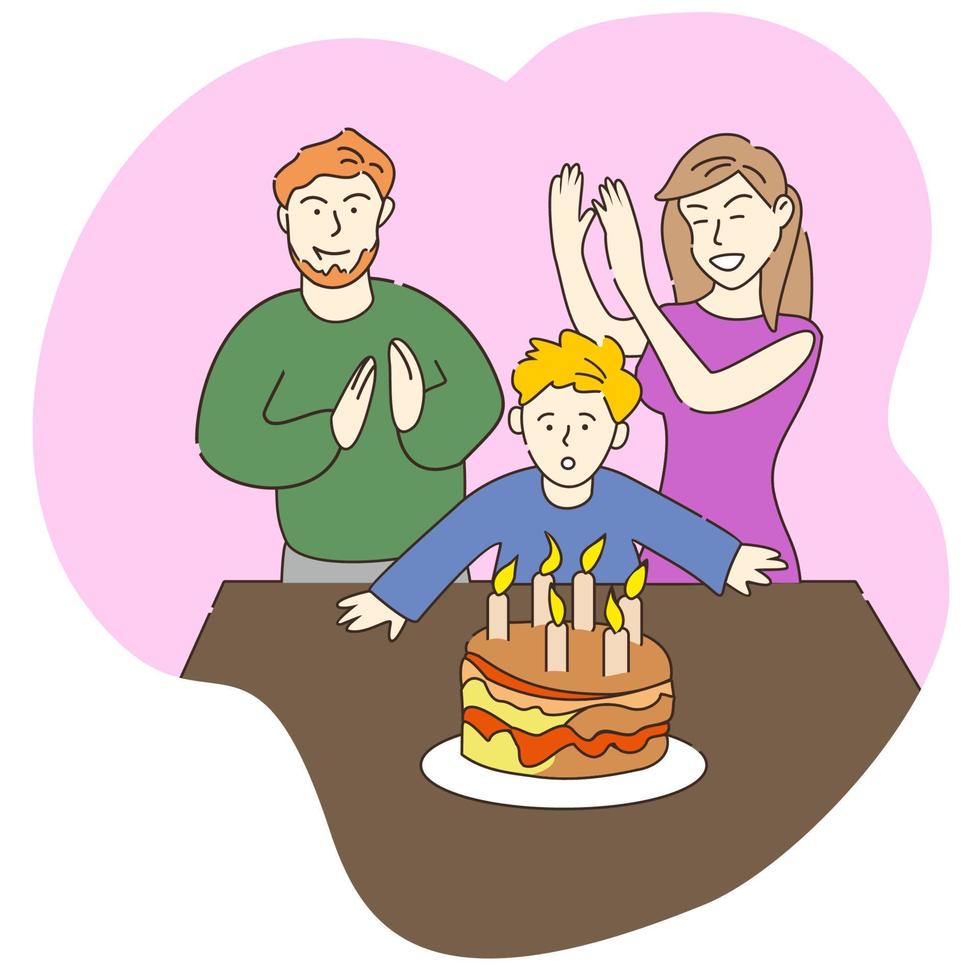 Boy blowing candles on birthday cake. Mother and father clapping hands. Family. Birthday party celebration. Family values. Parenting. vector