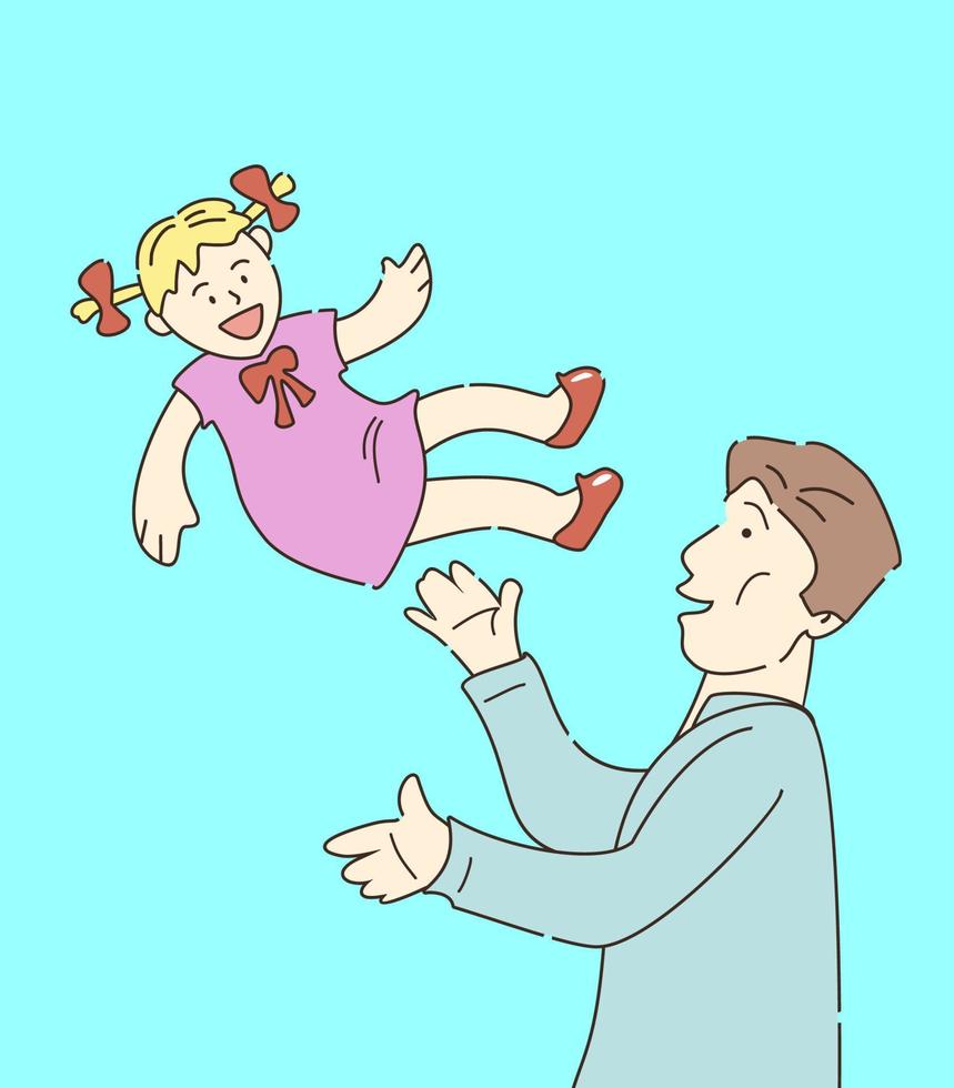 padre tirando a su pequeña hija al aire. familia feliz. la niña de papá. divirtiéndose con el padre. riendo y sonriendo. dia del padre. vector