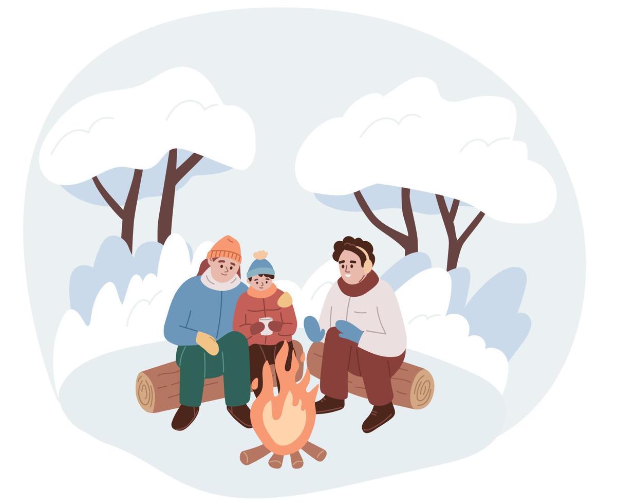 Family sitting by the fire outside. Father, mother, child spending time outdoors in winter. Winter activity. Warming in cold weather. Flat cartoon vector illustration.