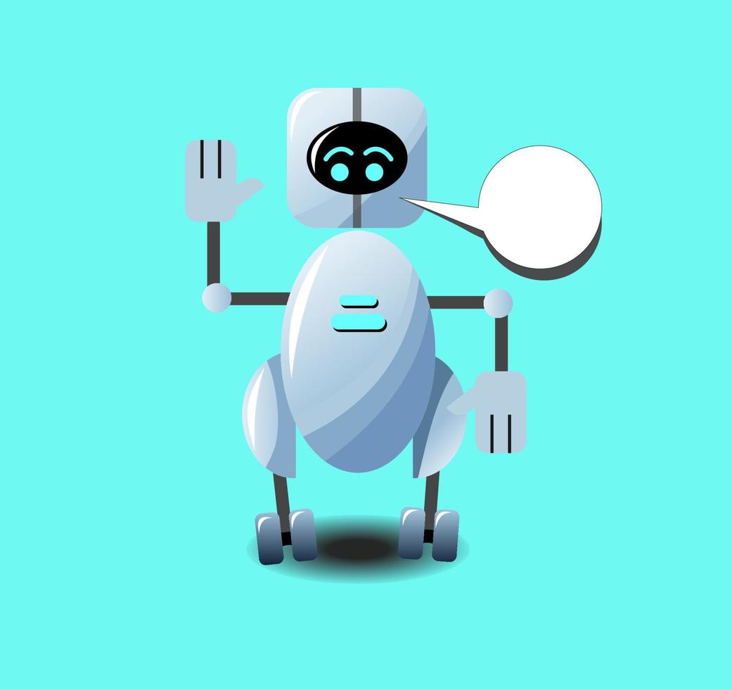 Cute chat bot with a dialogue bubble isolated. Greeting and helping robot. Virtual support artificial intelligence. Online messengers assistant on sites. Voice support service. vector