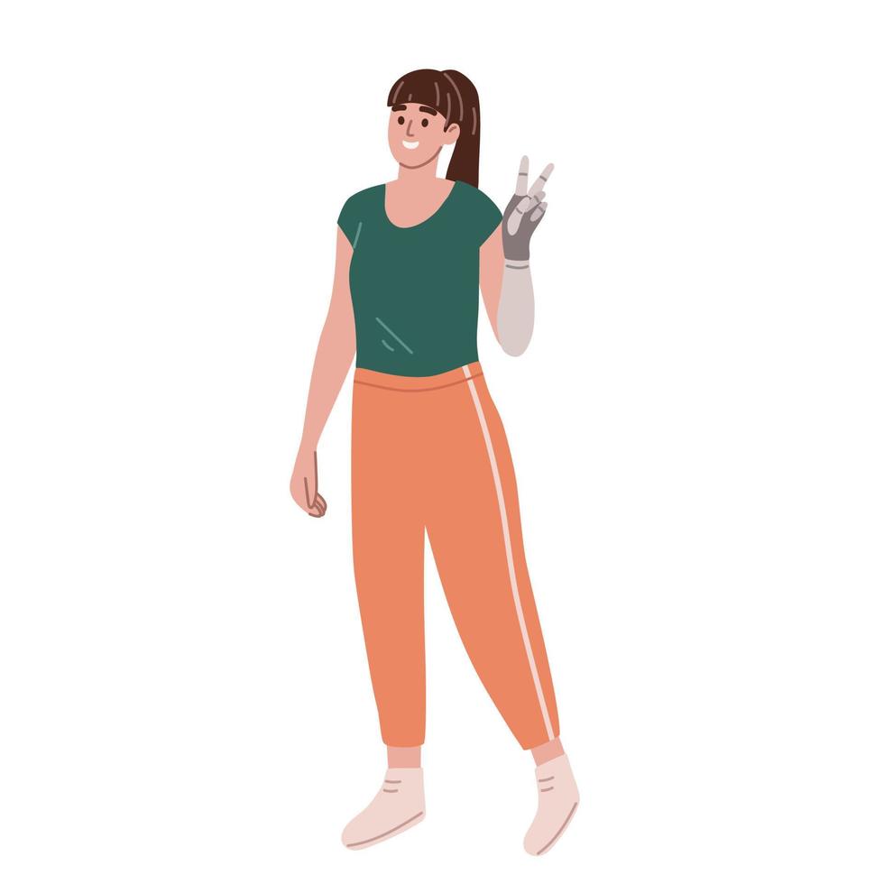 Young woman with arm prosthesis. Disabled person without arm. Limb amputation. Flat vector illustration.