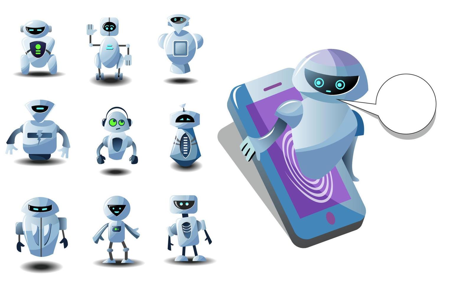 conjunto de chat bot, asistentes en línea. bot de chat con un teléfono inteligente aislado. robot de saludo y ayuda. soporte técnico inteligencia artificial. mensajeros en línea en los sitios. ilustraciones vectoriales. vector