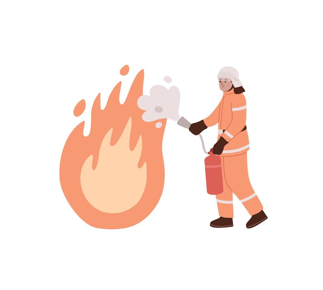 Firefighters putting out fire with the extinguisher. Saving lives.  Firemen wearing uniform extinguishing the fire flame. Isolated. Flat vector illustration.