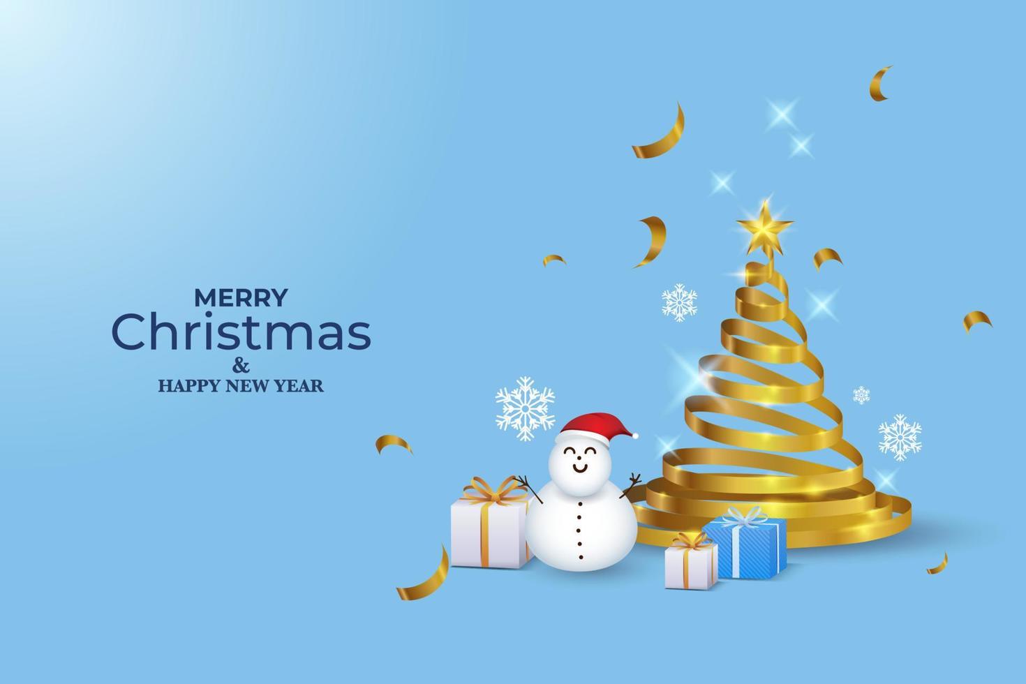 Christmas background with snowman, gold ribbon and gift box decorations vector