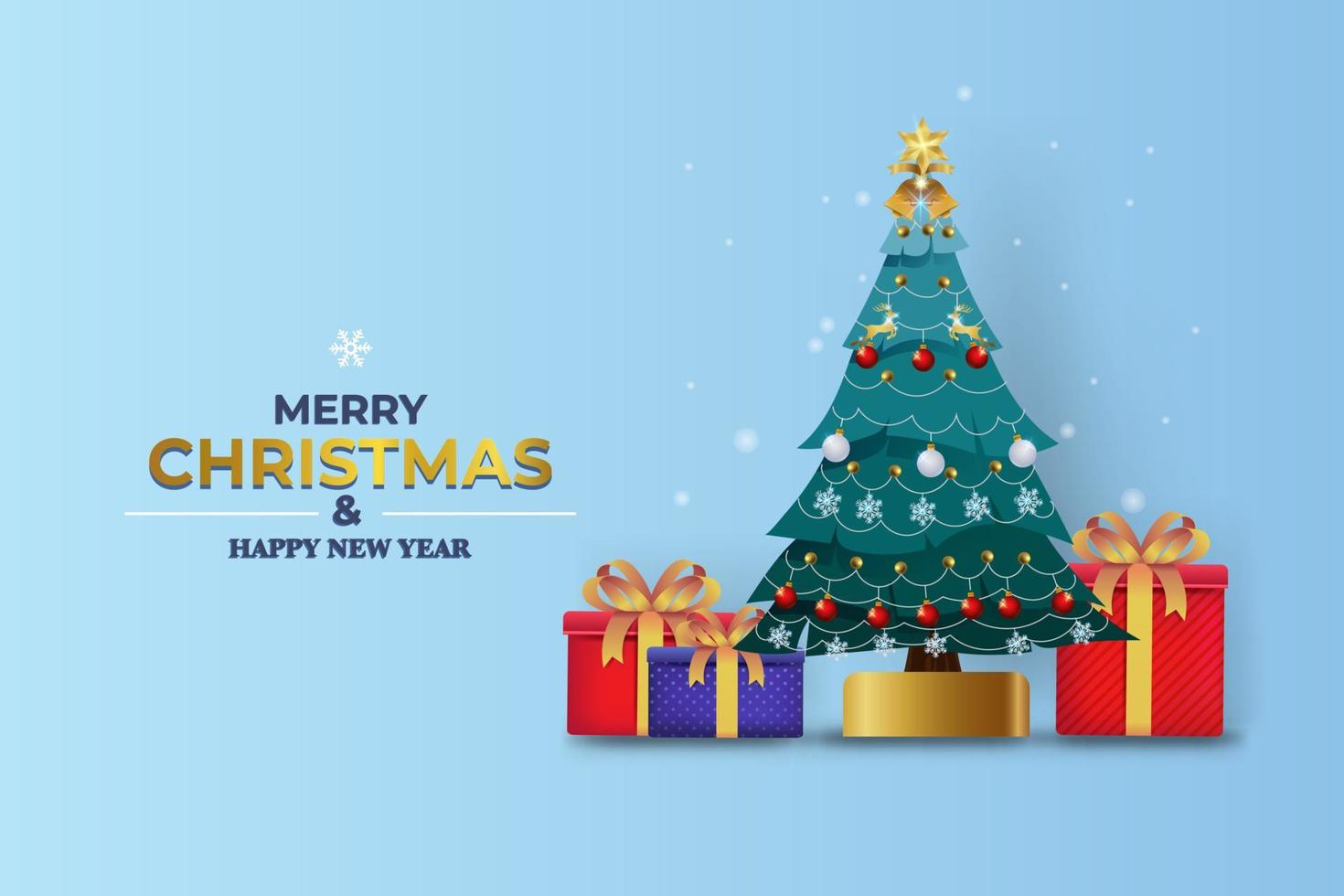Merry Christmas and Happy New Year. gift and Christmas tree background vector
