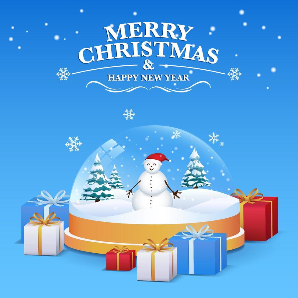 Merry Christmas and Happy New Year. Christmas background with snowman and gifts vector