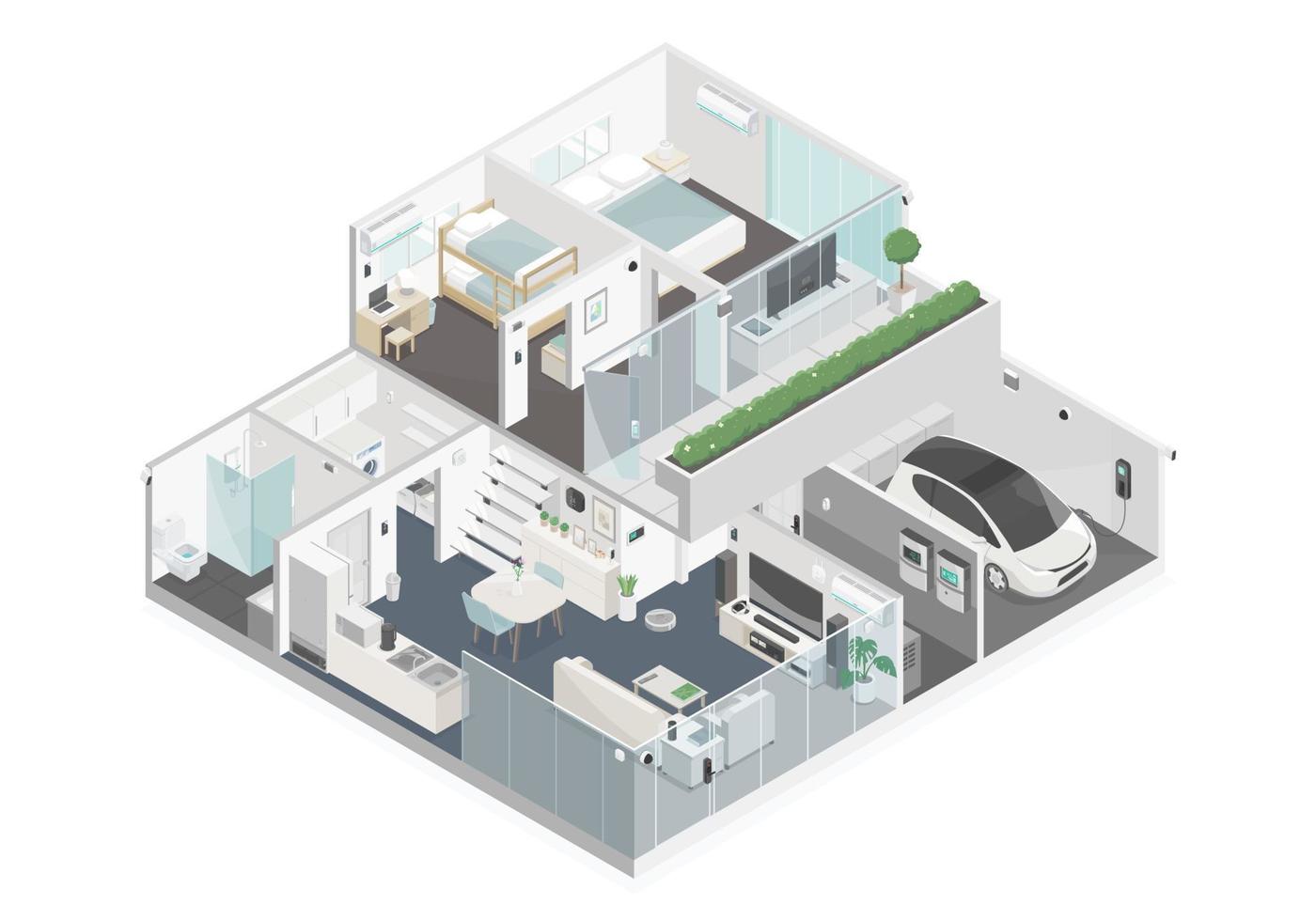 smart home cut room interior component diagram isometric top view no roof isolated white background vector