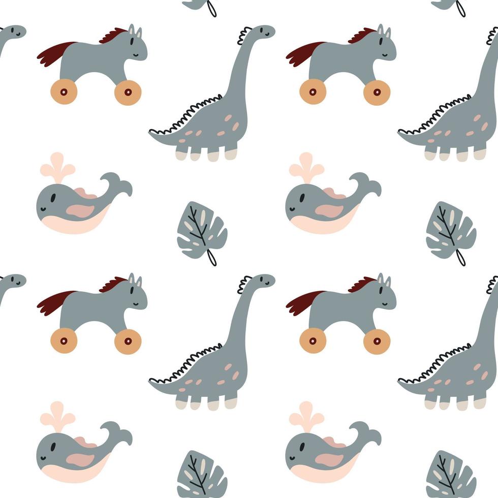 Seamless pattern horse dinosaur whale. Baby Shower Scandinavian pastel wallpaper. Textile fabric design for kids. Flat bohemian vector neutral background paper