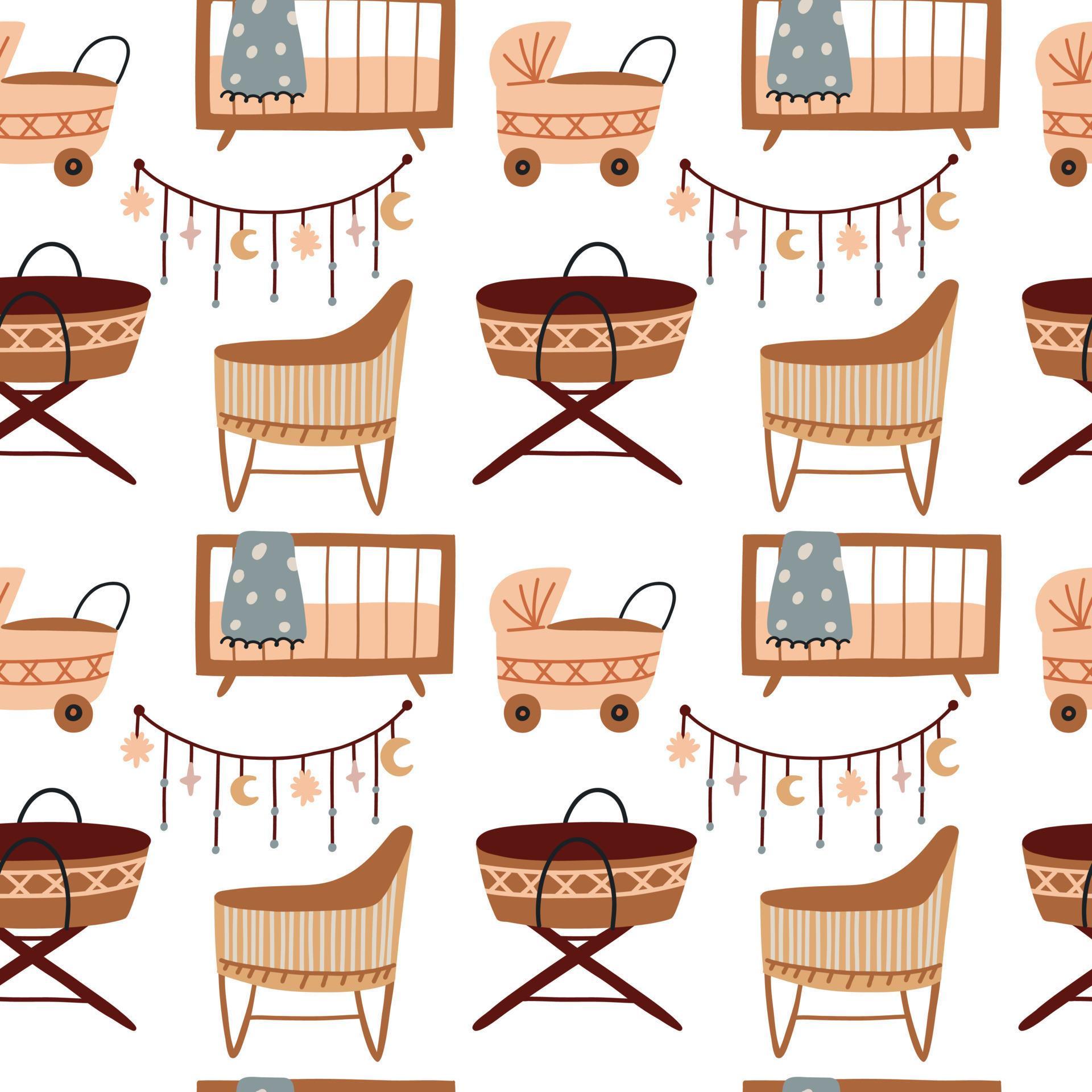 Seamless pattern of crib cradle baby cradles. Baby Shower Scandinavian