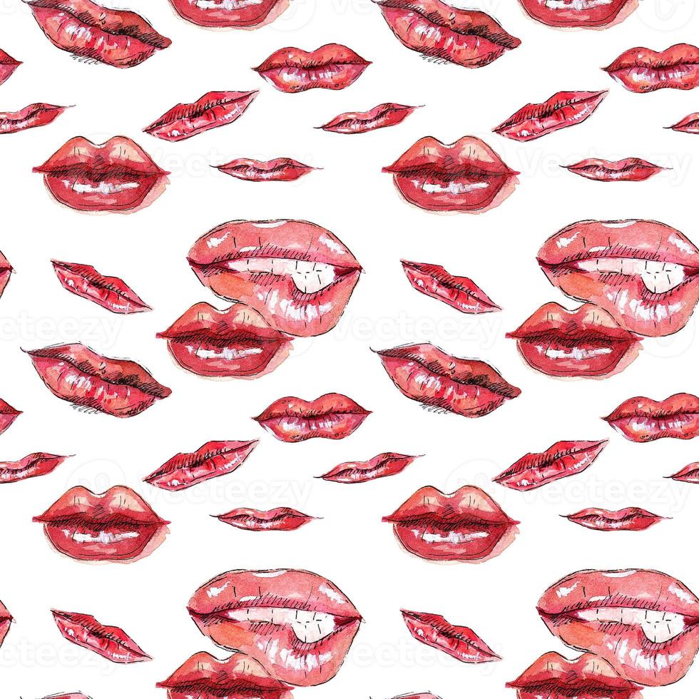 Seamless watercolor lips pattern. Watercolor lips pattern made of lips of different shapes. photo