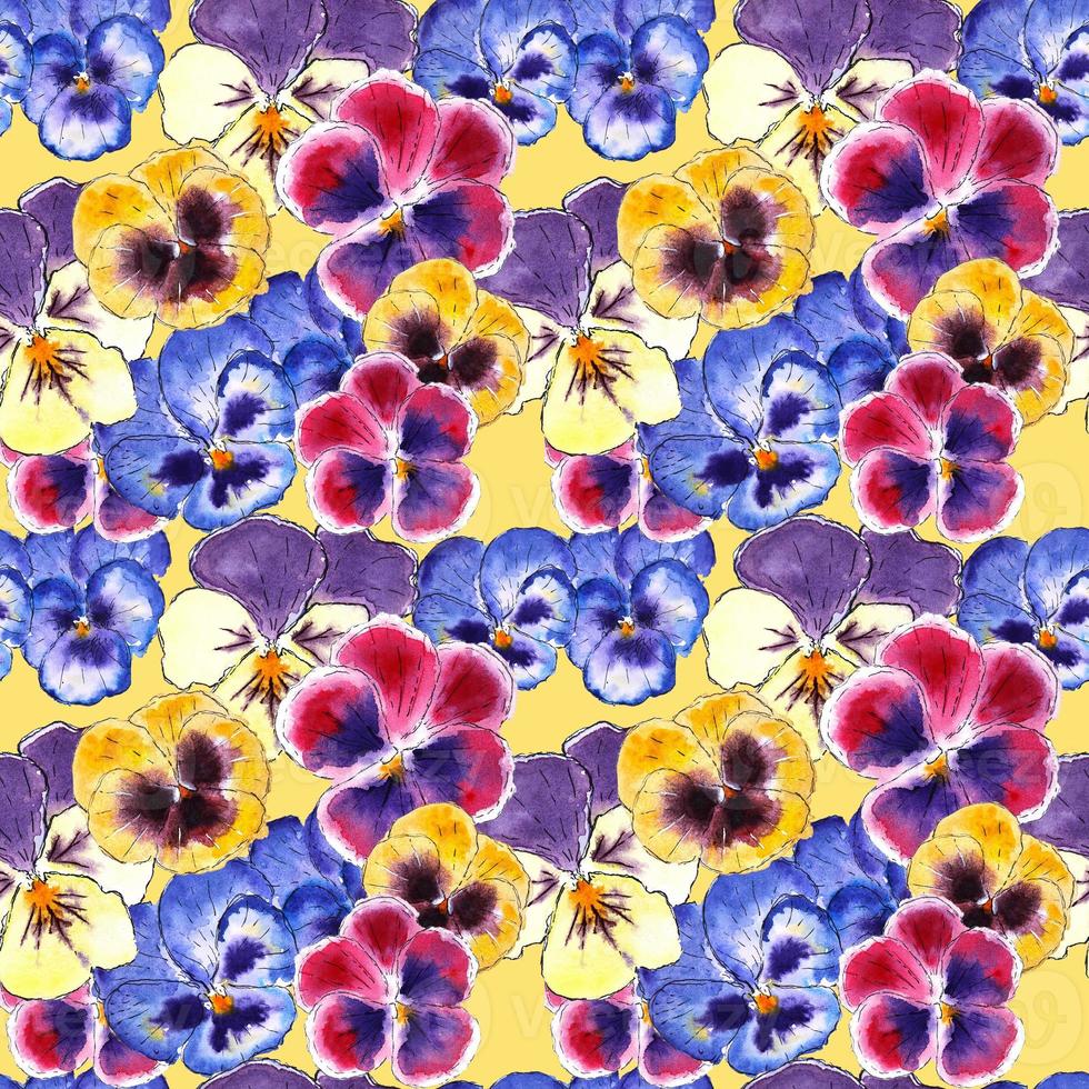 Seamless watercolor pansies pattern. Bright pansies pattern made of yellow, violet, pink and purple pansies on the yellow background. photo