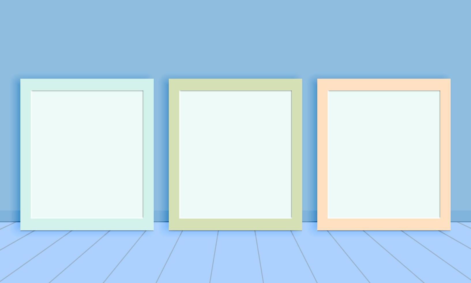 Vertical photo frame mockup on the floor leaning against the room wall vector