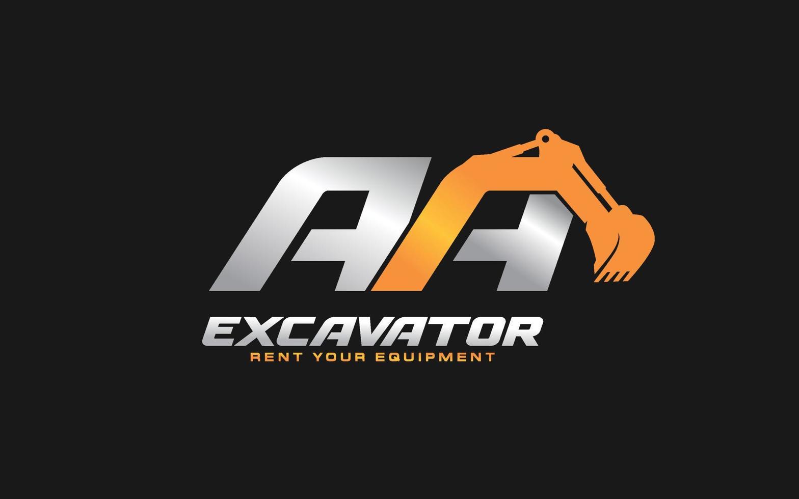 AA logo excavator for construction company. Heavy equipment template vector illustration for your brand.