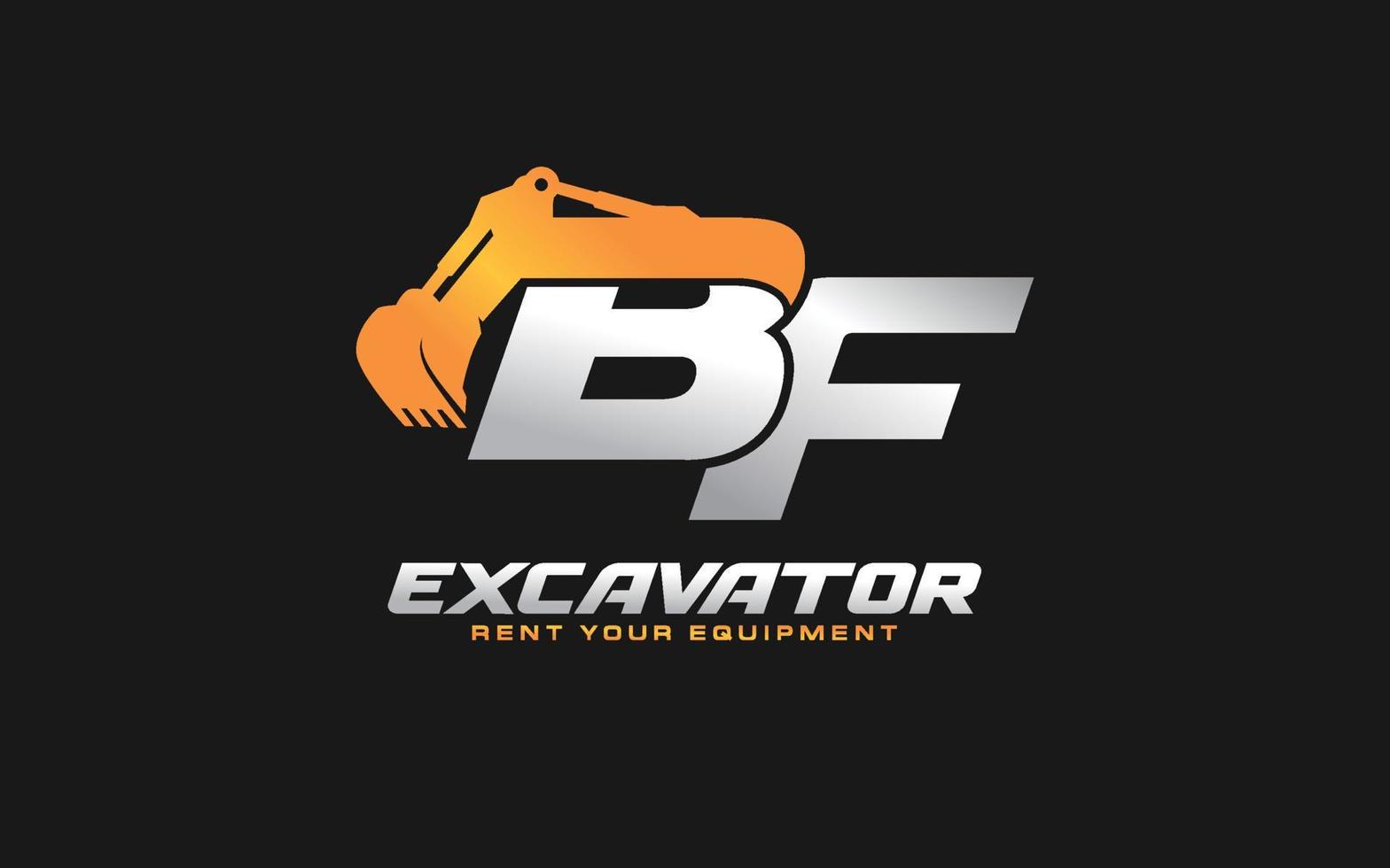 BF logo excavator for construction company. Heavy equipment template vector illustration for your brand.