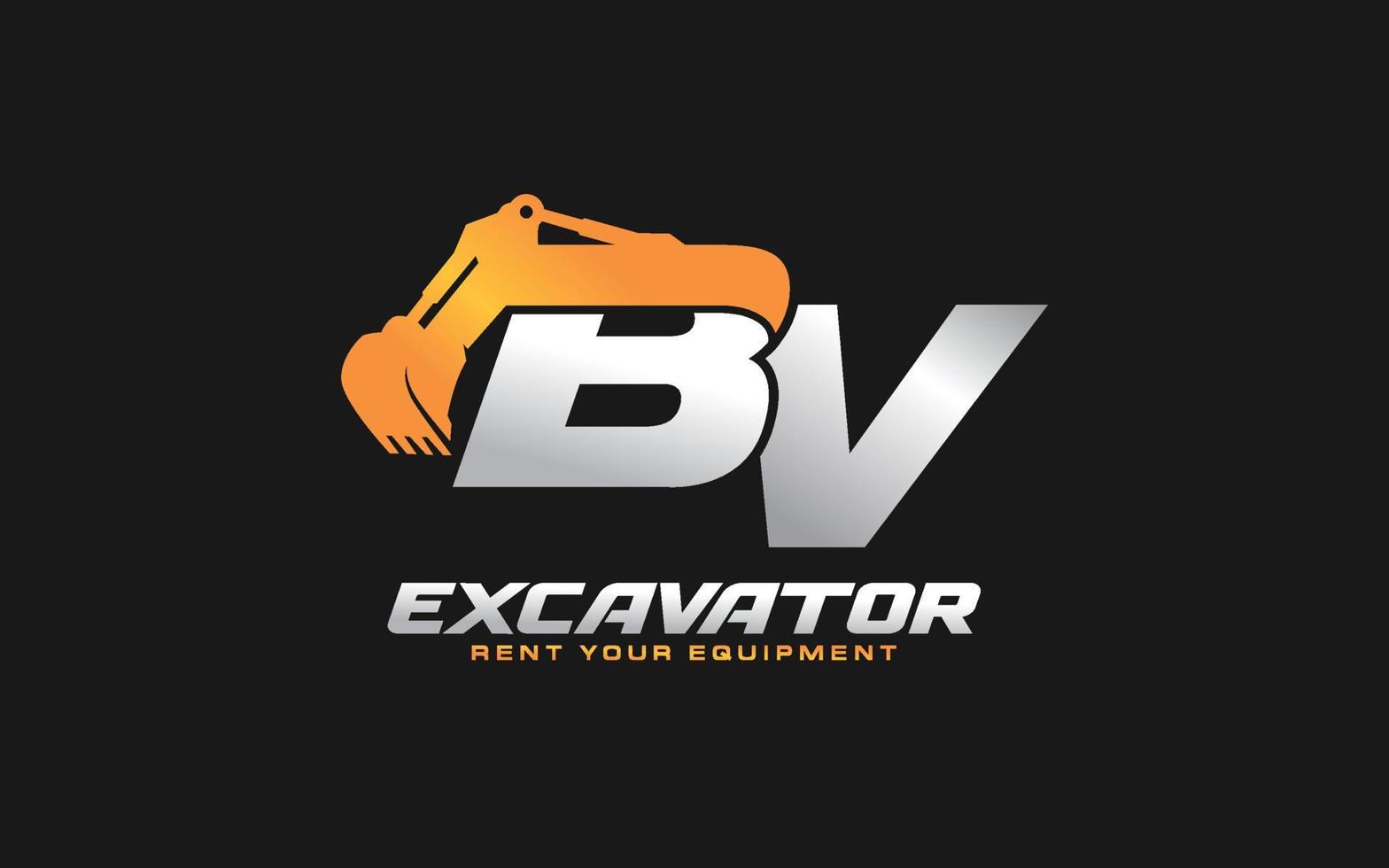 BV logo excavator for construction company. Heavy equipment template vector illustration for your brand.