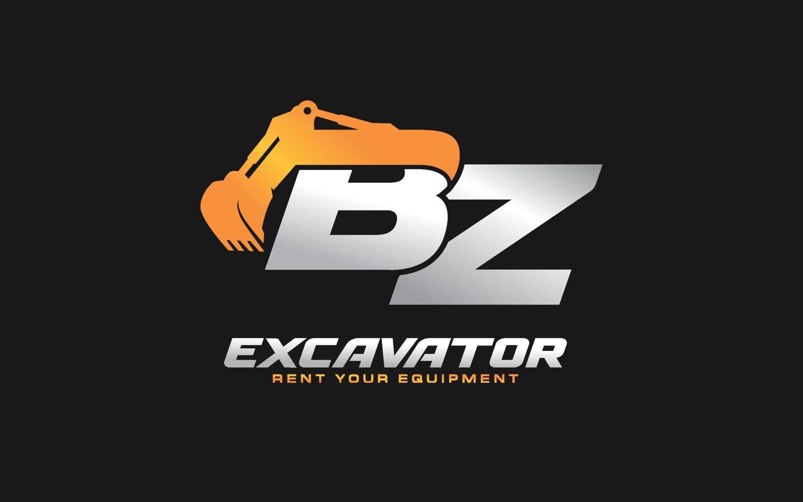 BZ logo excavator for construction company. Heavy equipment template vector illustration for your brand.