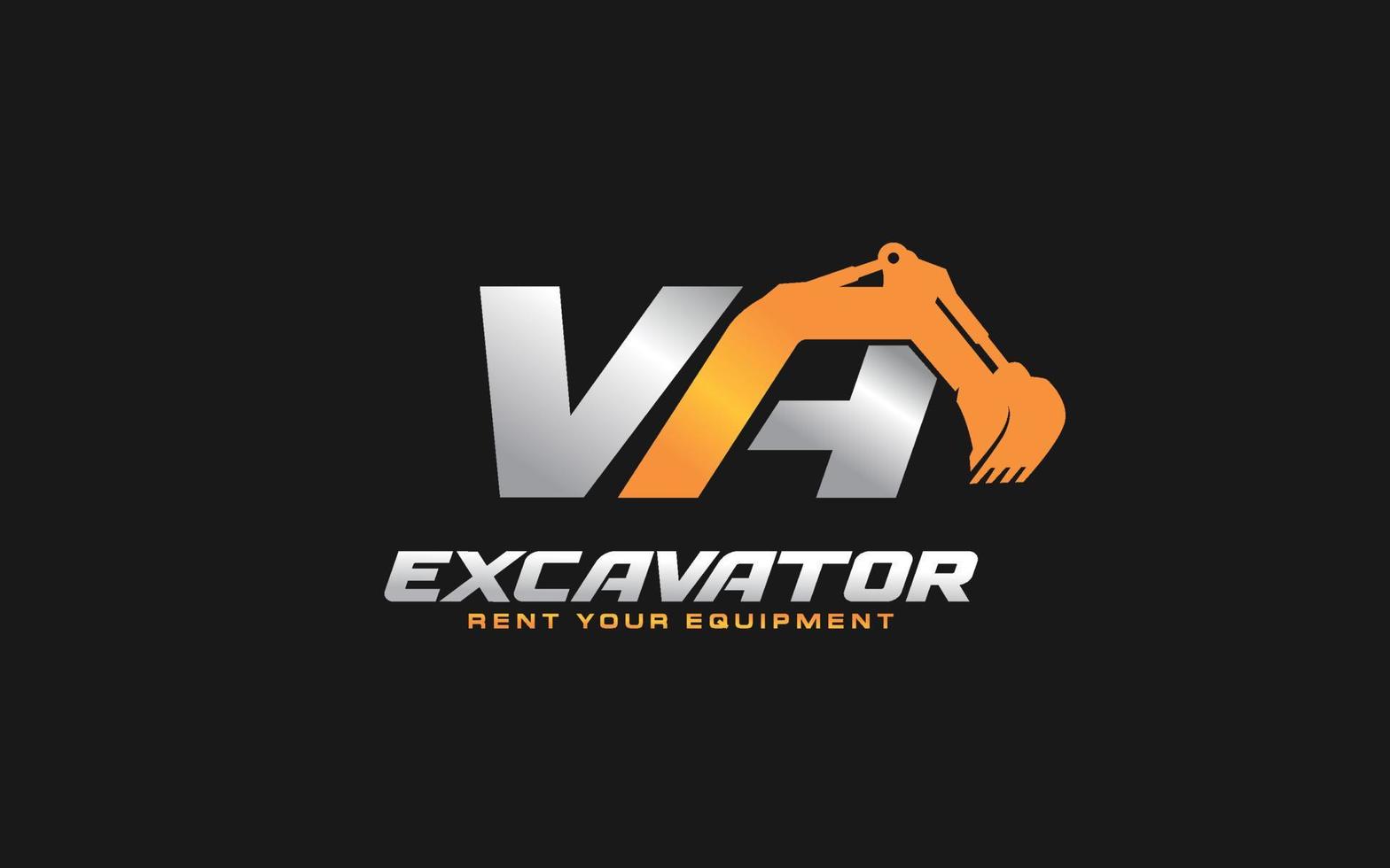 VA logo excavator for construction company. Heavy equipment template vector illustration for your brand.