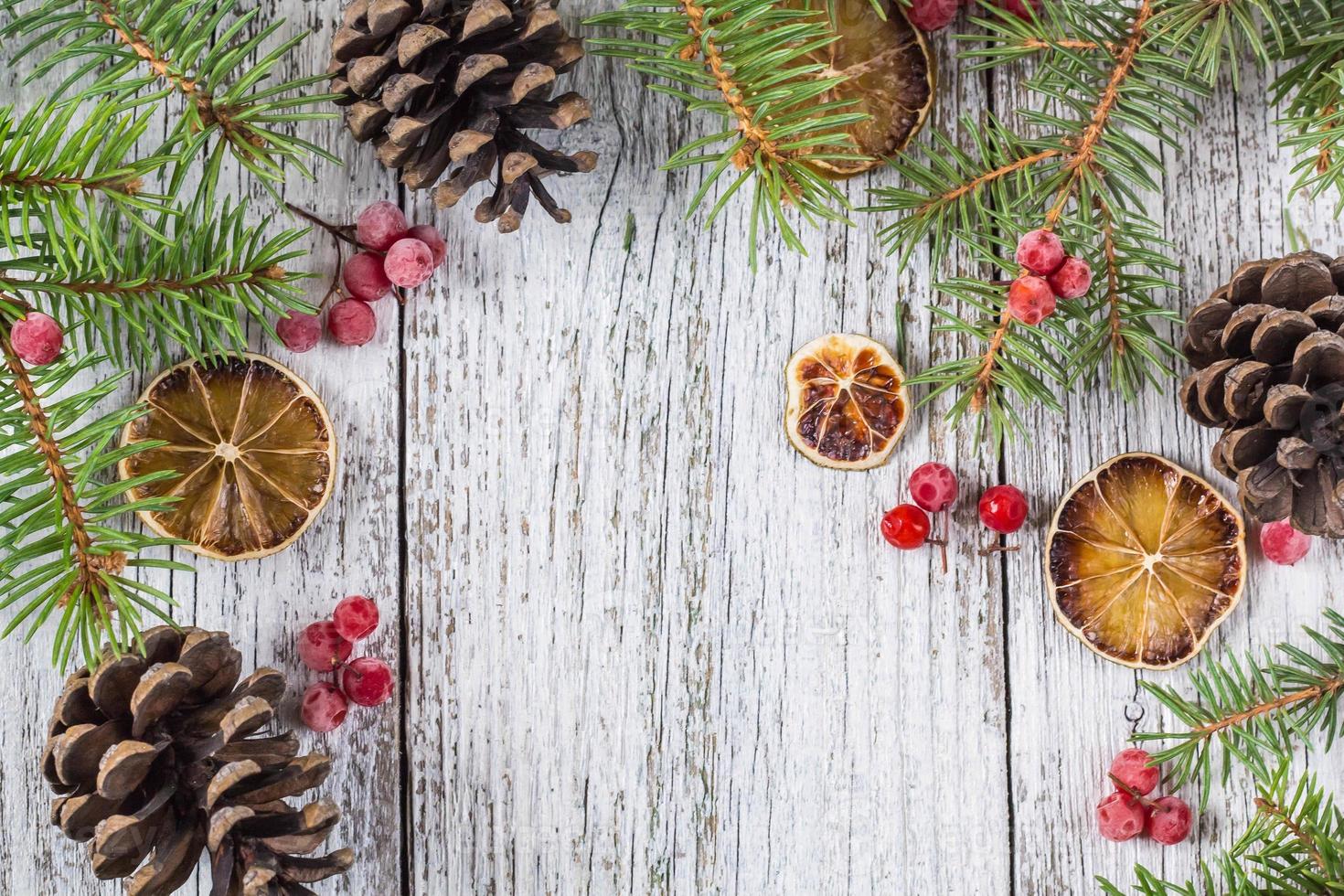 Christmas branches with cones viburnum berries and dry lemon slice photo
