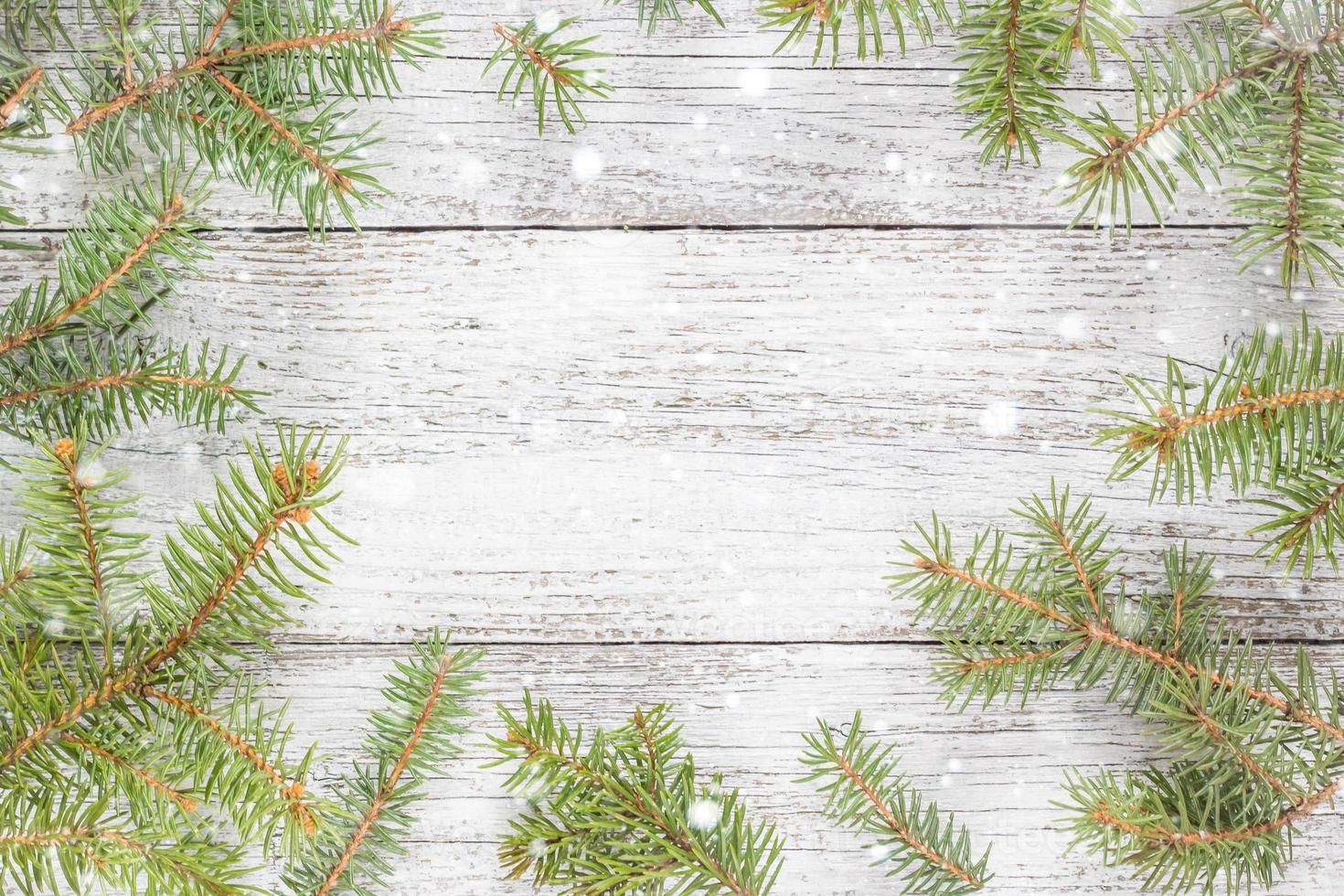 Christmas wooden background with fir tree. Top view copy space photo
