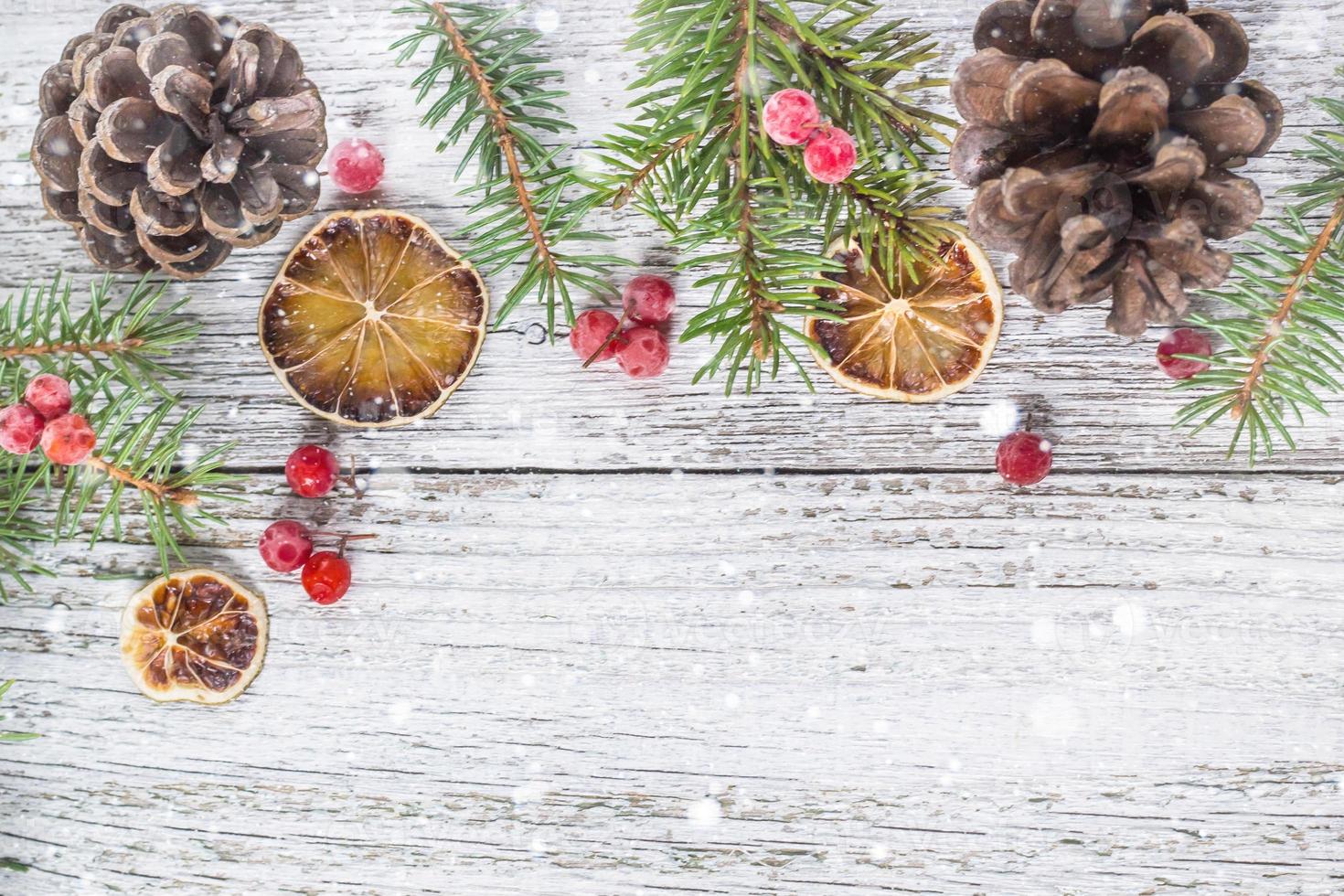 Christmas branches with cones viburnum berries and dry lemon slice photo