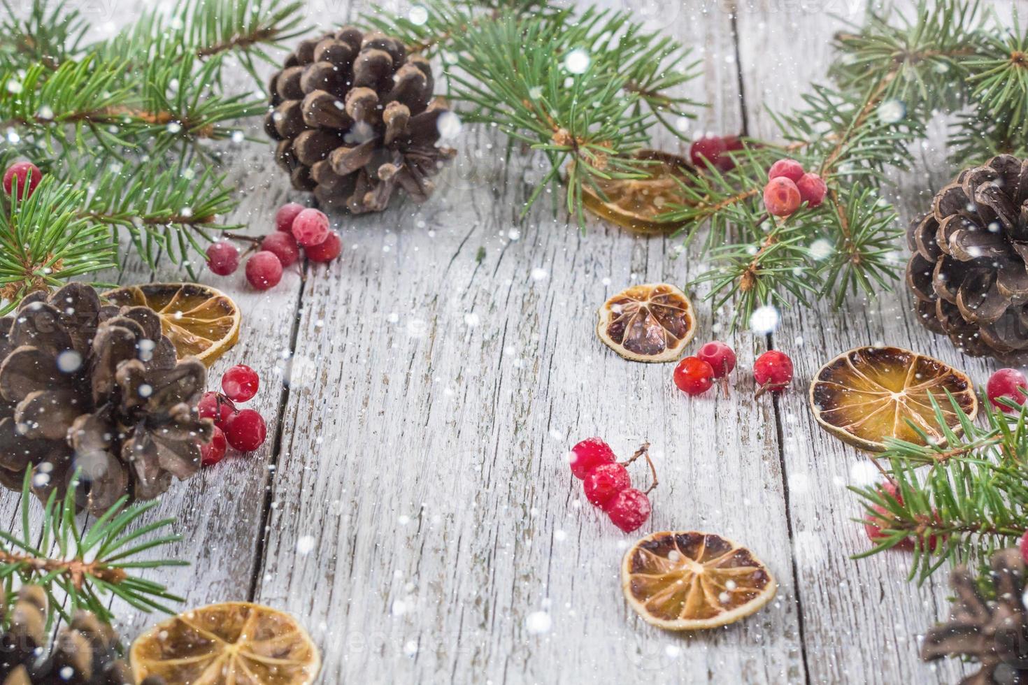 Christmas branches with cones viburnum berries and dry lemon slice photo