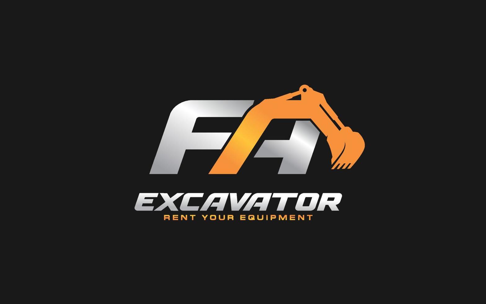 FA logo excavator for construction company. Heavy equipment template vector illustration for your brand.