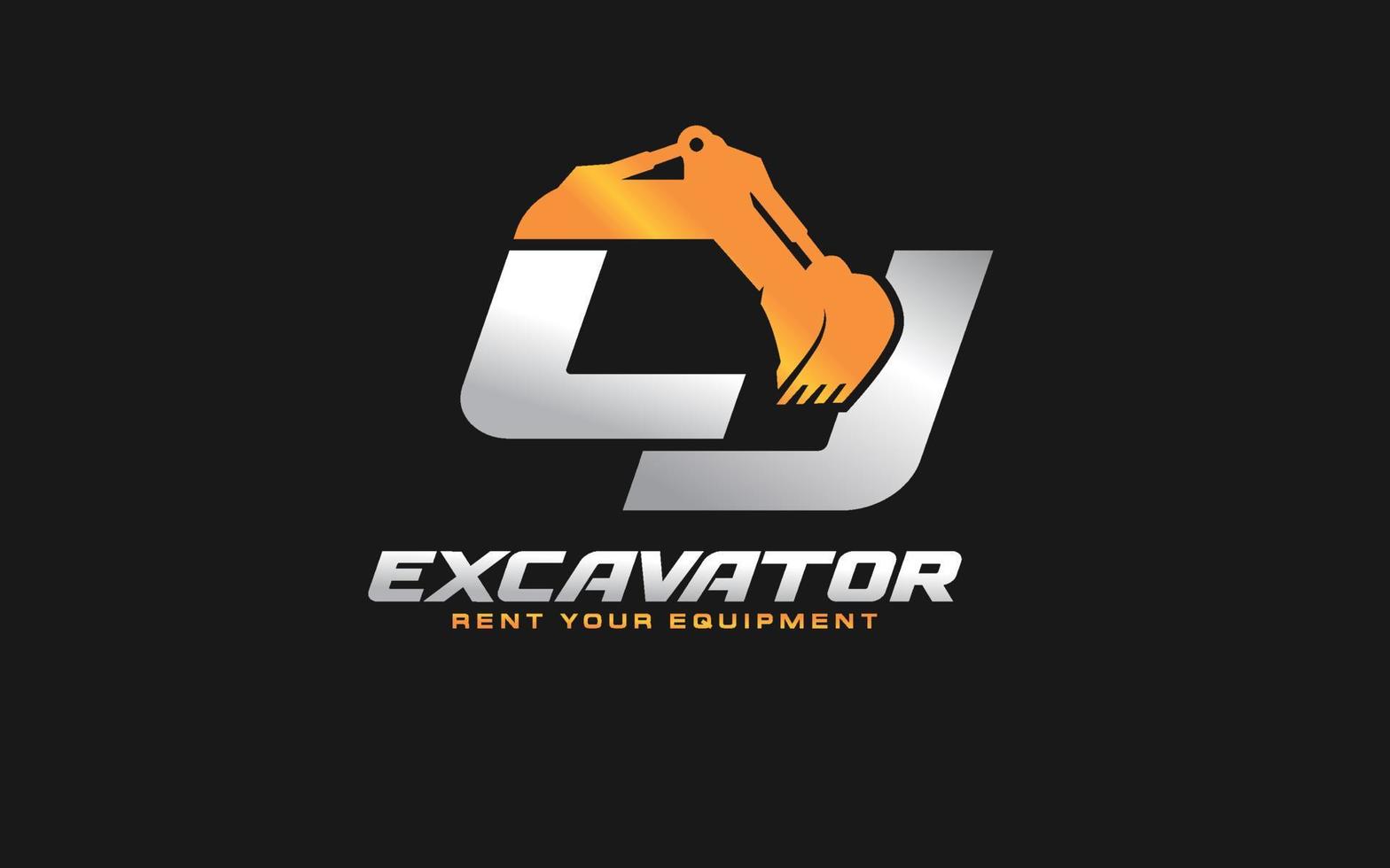 CJ logo excavator for construction company. Heavy equipment template vector illustration for your brand.