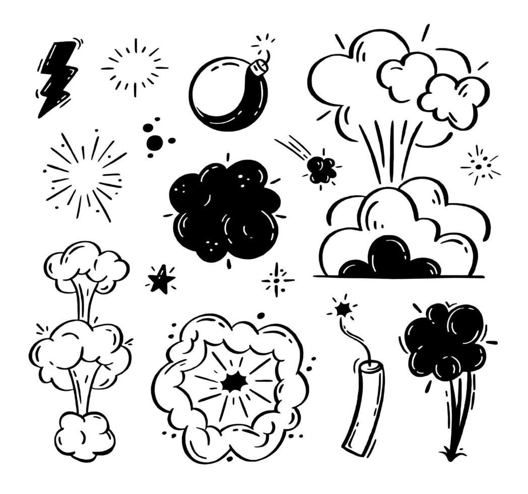 Comic explosions and bombs set. Speech bubbles with the words bom, boom, pow. Vector doodle illustration