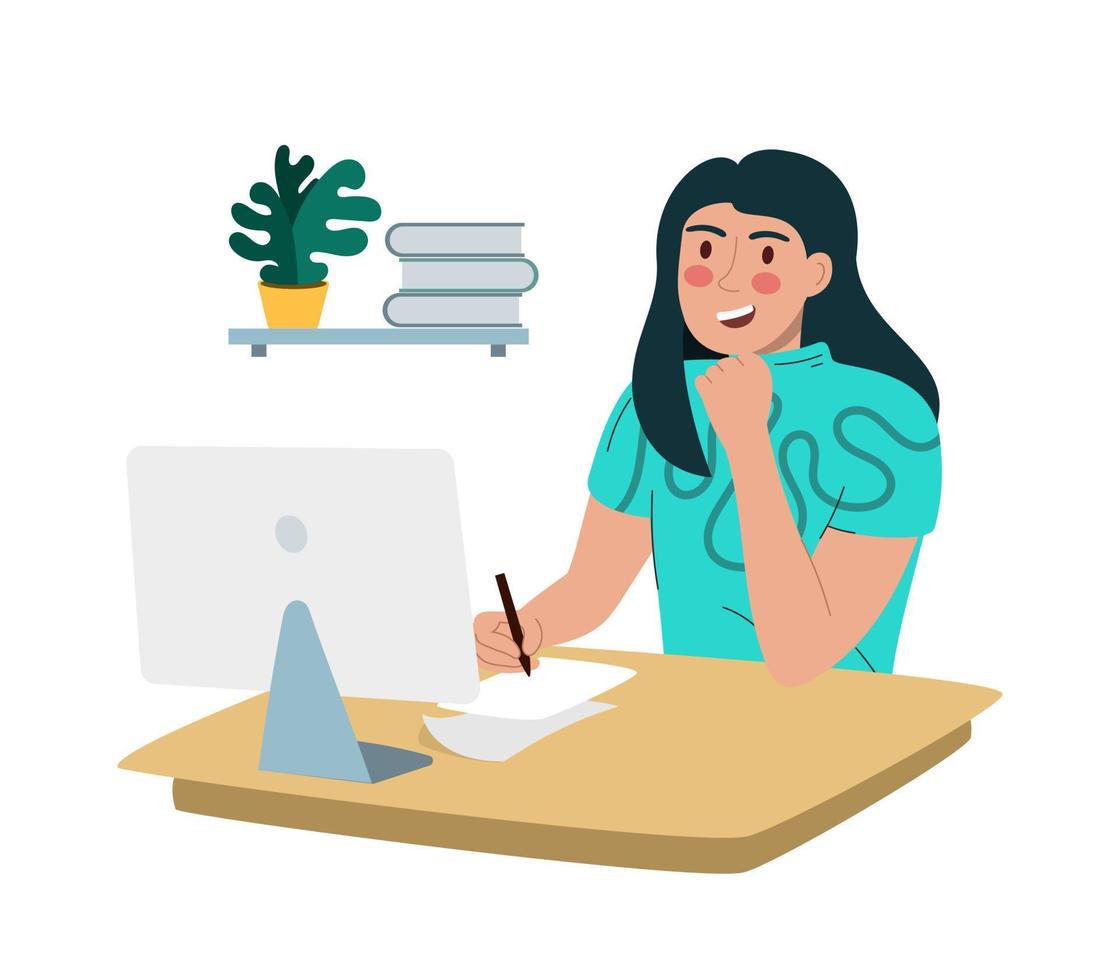 A woman is working at a computer. Work in the office and at a distance.  Vector illustration is flat isolated on a white background.