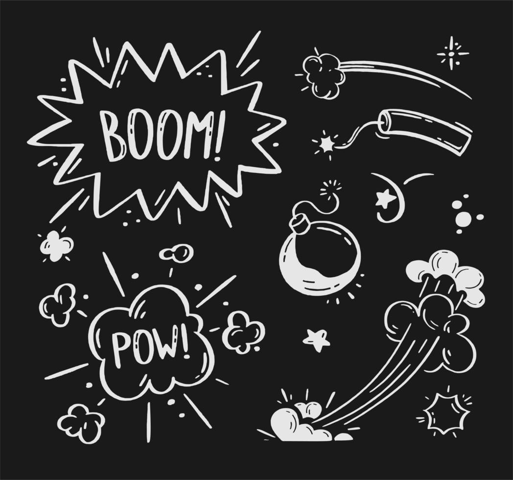 Comic explosions and bombs set. Speech bubbles with the words bom, boom, pow. Vector doodle illustration