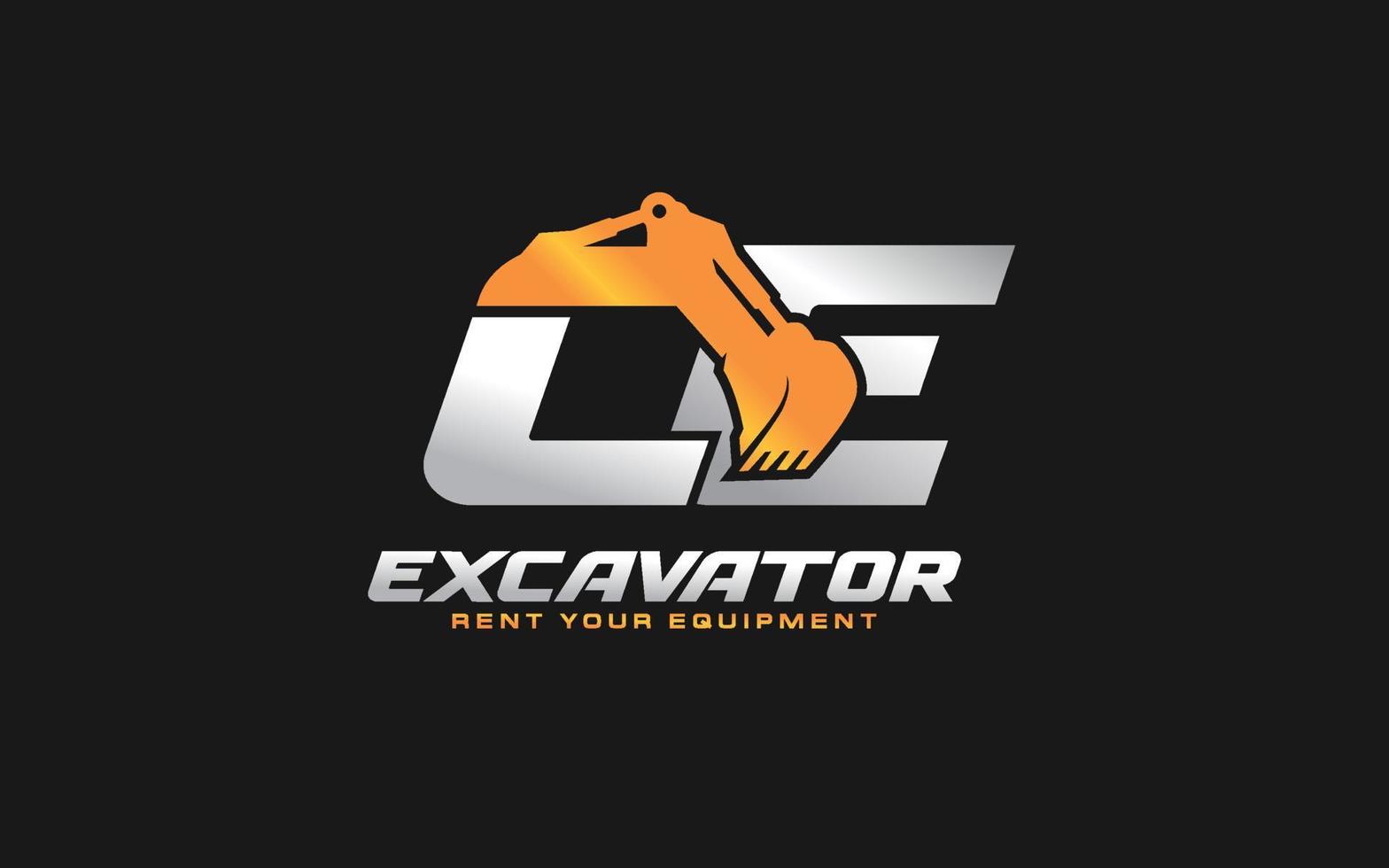 CE logo excavator for construction company. Heavy equipment template vector illustration for your brand.