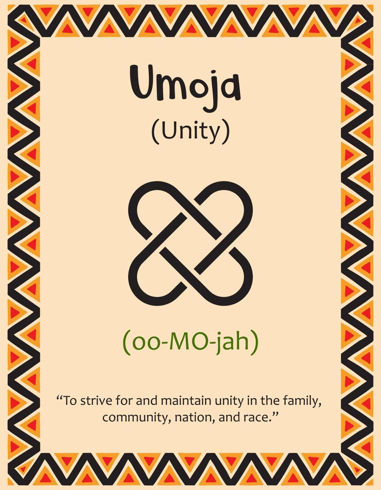 A card with one of the Kwanzaa principles. Symbol Umoja means Unity in Swahili. Poster with sign and description. Ethnic African pattern in traditional colors. Vector illustration