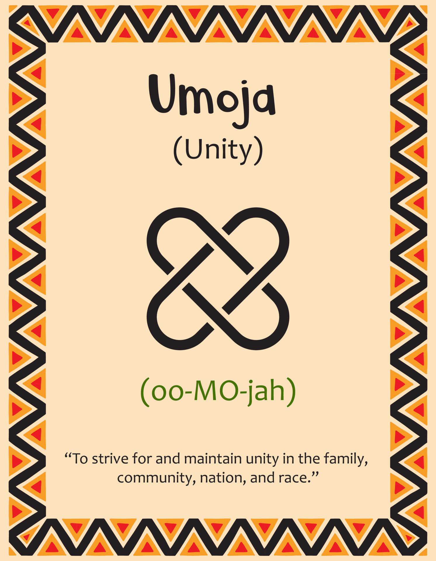 A card with one of the Kwanzaa principles. Symbol Umoja means Unity in