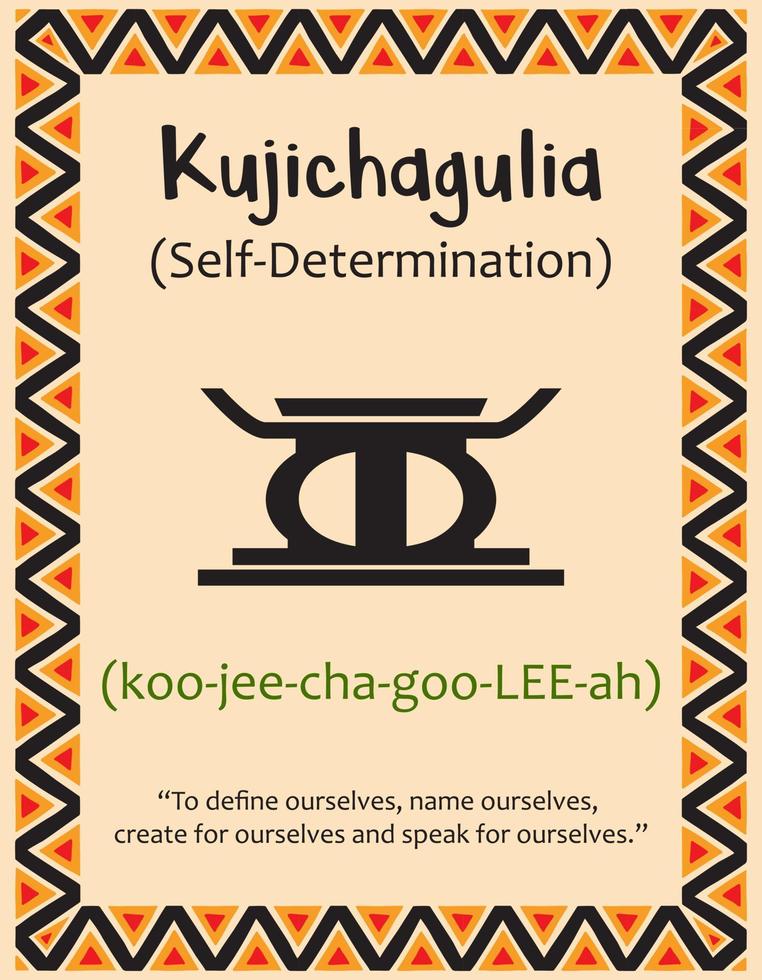 A card with one of the Kwanzaa principles. Symbol Kujichagulia means Self-determination in Swahili. Poster with sign and description. Ethnic African pattern in traditional colors. Vector illustration