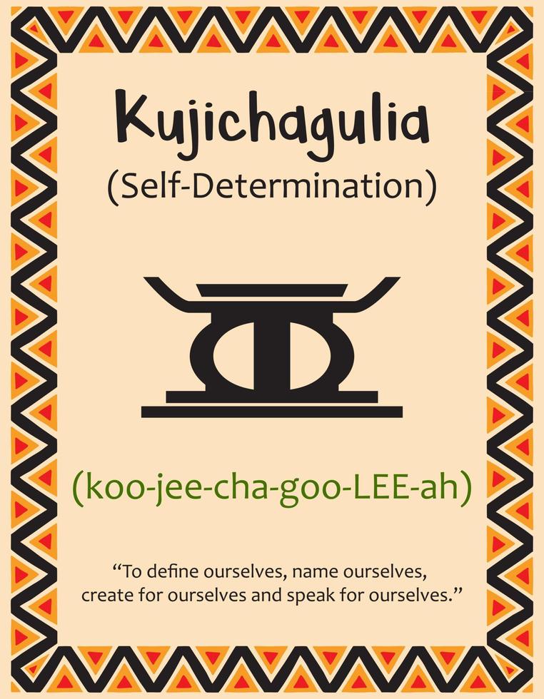 una tarjeta con uno de los principios kwanzaa. el símbolo kujichagulia significa autodeterminación en swahili. cartel con signo y descripción. patrón étnico africano en colores tradicionales. ilustración vectorial vector