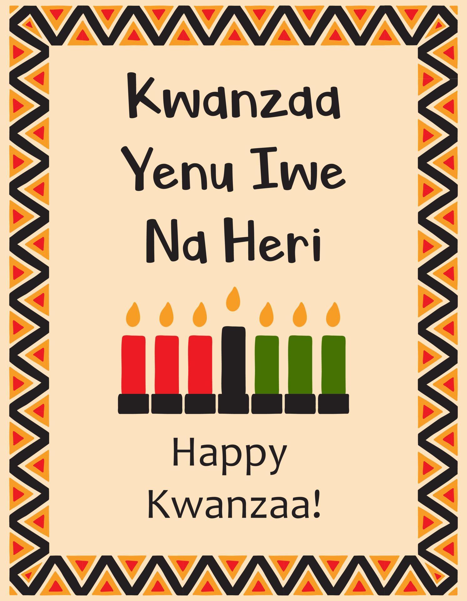 Card with traditional seven candles, symbols of Kwanzaa and Words